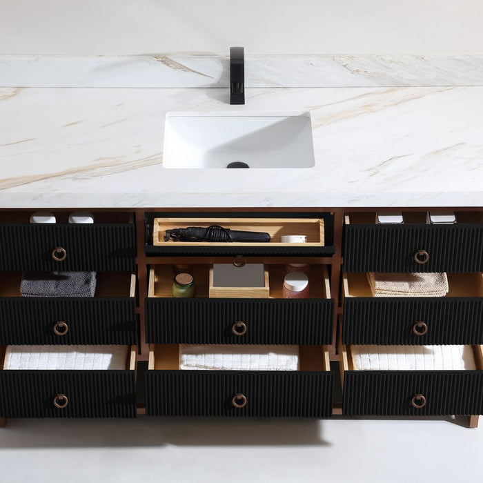 Lisen 60" Single Tricorn Black Stainless Steel Bathroom Vanity – Modern Golden Brush Finish Marble Top
