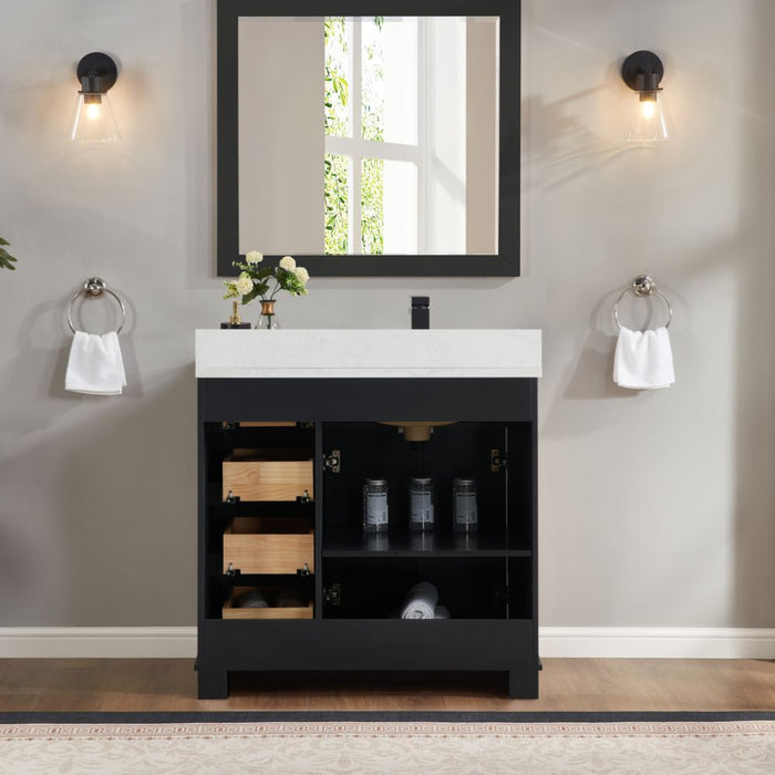 Tritan 36" Solid Wood Tricorn Black Bathroom Sink Vanity with Soft-Close Doors & Stone Countertop