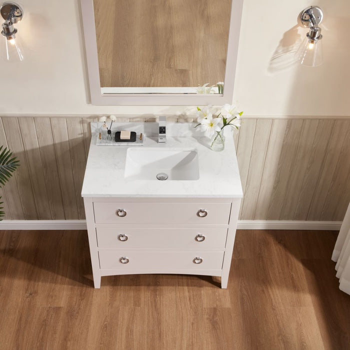 Wylie 36" Classic White Solid Wood Bathroom Vanity - 1" Stone Top, 3 Dovetail Drawers, Free-Standing