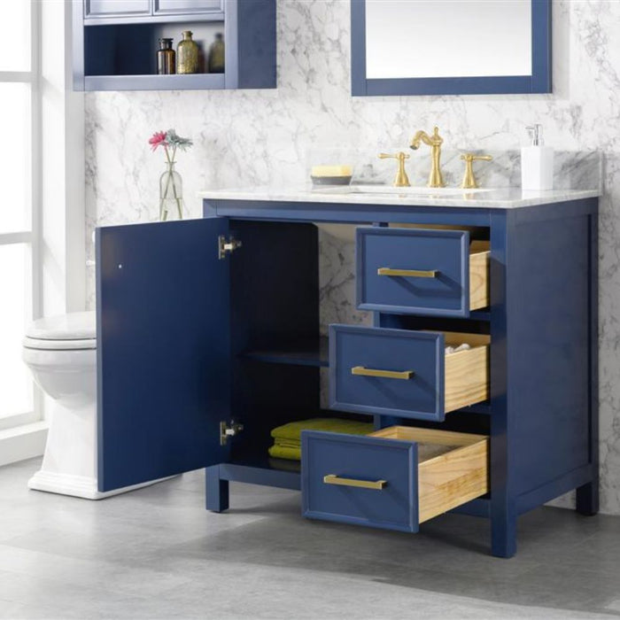 Estra 36" Blue Wood Vanity Cabinet with White Carrara Marble Top and Ceramic Sink - Modern 3-Drawer Design