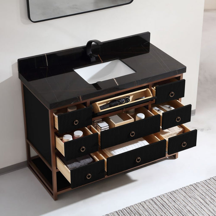 Kirchem 48" Modern Bathroom Vanity - Golden Brush Steel Frame Tricorn Black with Natural Stone Top