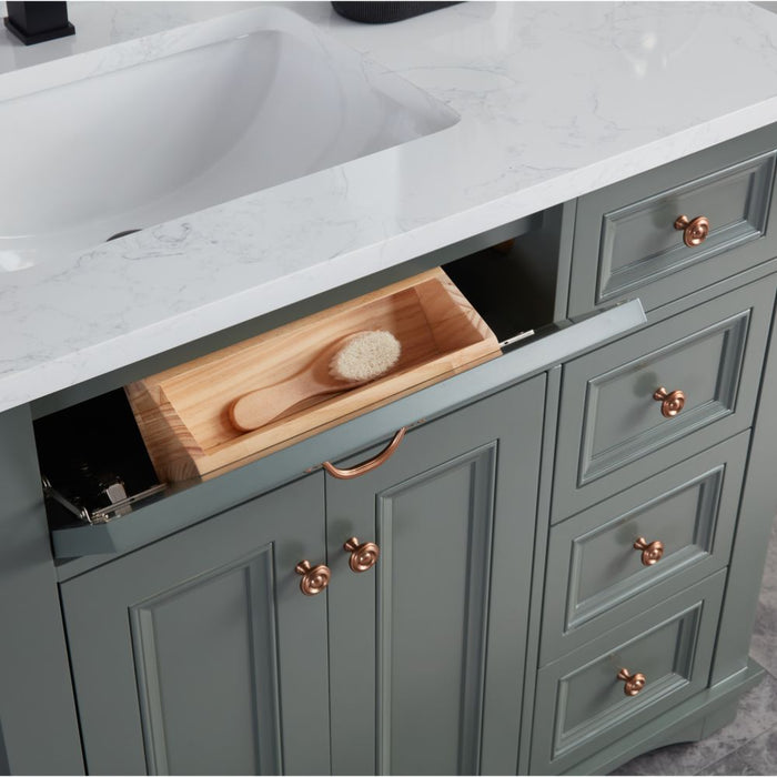 Sanaki 36" Solid Wood Bath Vanity French Contemporary Pewter Green Finish with Artificial Stone Top & 4 Drawers
