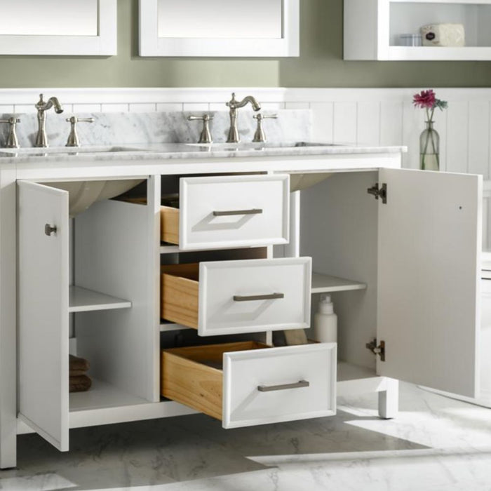Barnstorm 54" White Modern Double Sink Bathroom Vanity with Carrara Marble Top & Storage Drawers