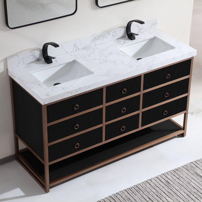 Mabelle 60" Tricorn Black Golden Stainless Steel Double Bathroom Vanity – Modern Oak Frame with White Stone Top
