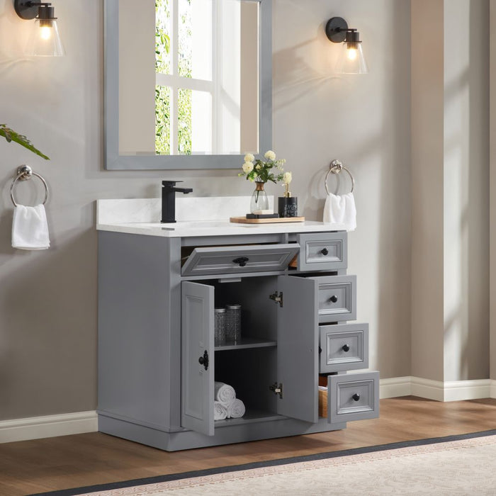 Lahiri 36" Cadet Finish Wood Bathroom Vanity - Single Sink with 4 Soft-Close Drawers & Stone Top
