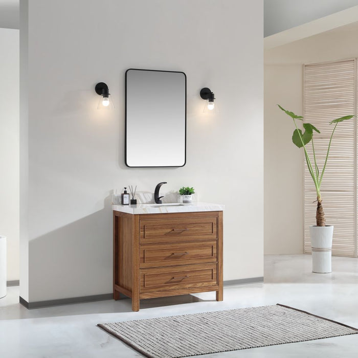 36" White Natural Marble Bathroom Vanity - Contemporary Wood Frame with Ceramic Sink