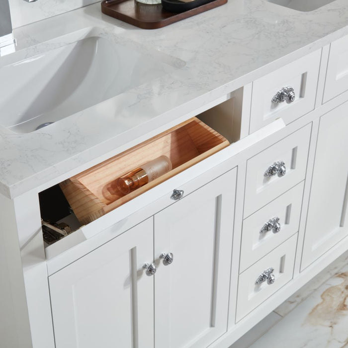 Miren 60" White Classic Solid Wood Bathroom Vanity with Artificial Stone Top, 6 Drawers & 4 Doors