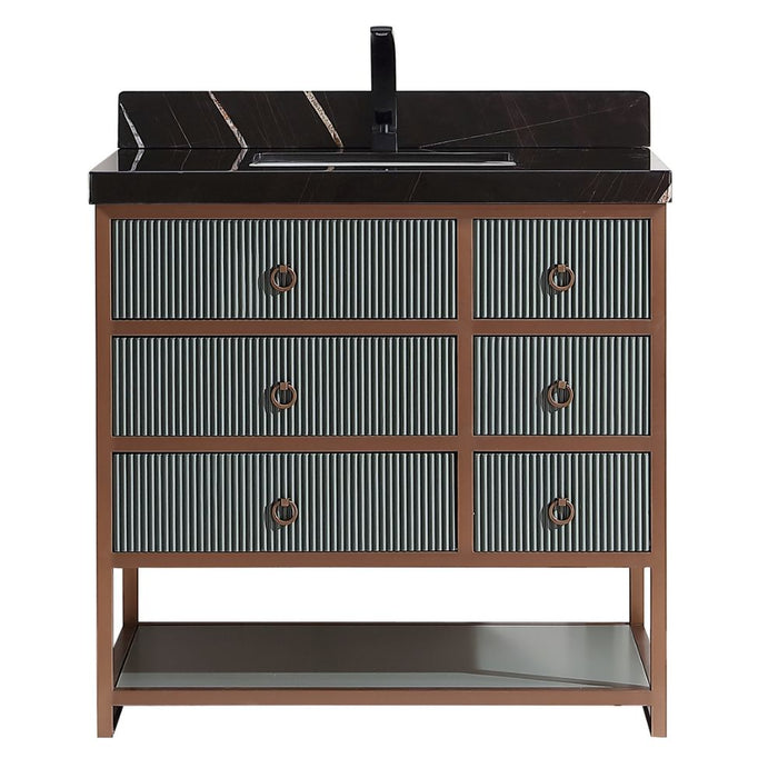 Norwich Modern Industrial 36" Single Sink Bathroom Vanity in Pewter Green – Golden Brush Steel & Oak Construction with Marble Top