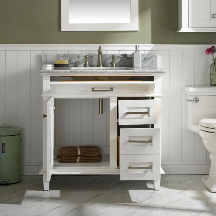 Mozaika 36" White Bathroom Vanity with Carrara Marble Countertop, Ceramic Sink & Tilt-Out Tray