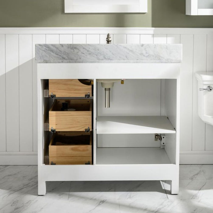 Calirette 36" White Single Sink Vanity with Carrara White Marble Top - 3 Drawer Storage