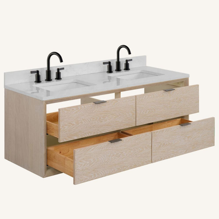 Adra 60" Whitewashed Oak Bathroom Vanity with 1" White Artificial Stone Countertop - Single Sink Free-Standing Vanity