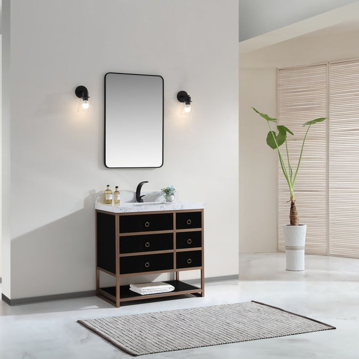 FusionBath Premium 36" Tricorn Black Oak Wood Vanity – Golden Brushed Steel Frame with White Artificial Stone Top & Soft-Close Drawers