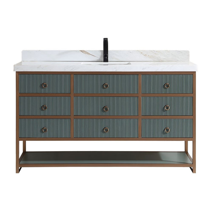 Annetha 60" Single Vanity Pewter Green Golden Brush Stainless Steel Frame – Modern Bathroom Vanity with 2" White Natural Stone Top