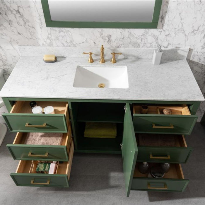 Laurana 60" Green Single Sink Bathroom Vanity Cabinet Carrara Marble Top 6 Drawers