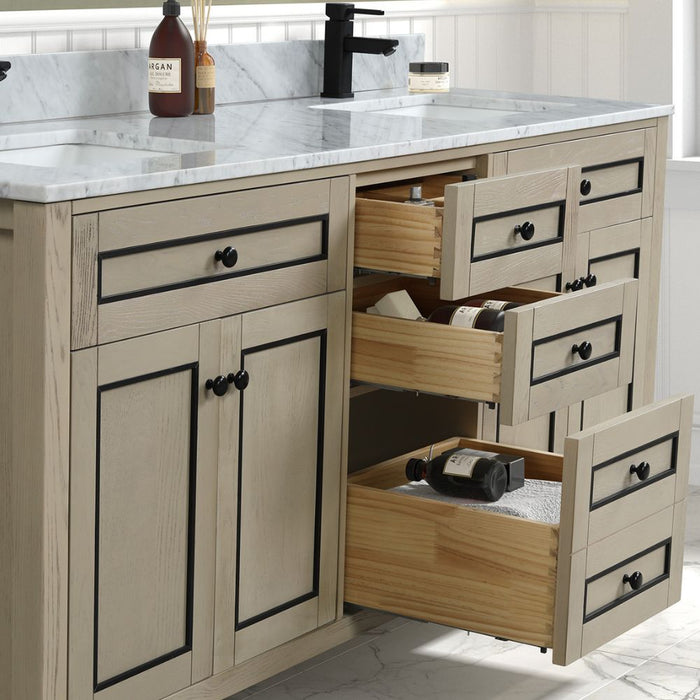 Graca 72" Light Oak Double Vanity Cabinet with Carrara White Countertop & Soft Close Drawers