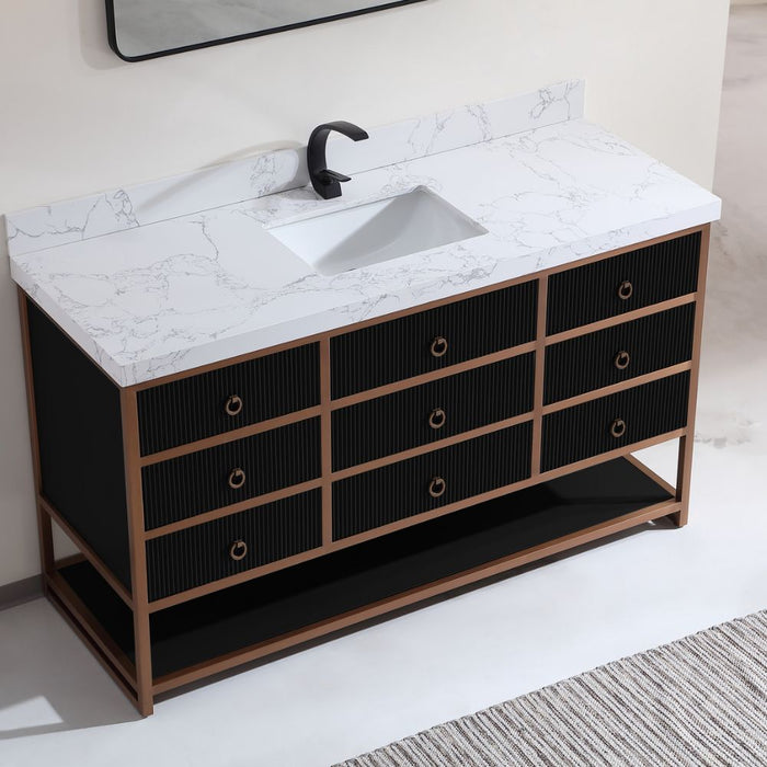 Alena 60" Single Tricorn Black Golden Brush Vanity – Contemporary Oak Frame with White Stone Top