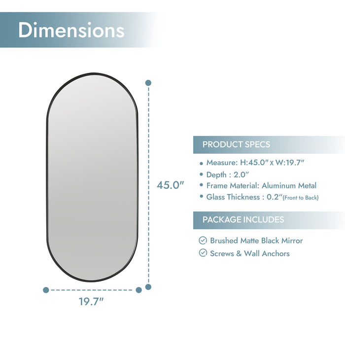 Artesia Brushed Black Oval Vanity Mirror – 20" W x 45" H Wall Mount Mirror with Sleek Aluminum Frame