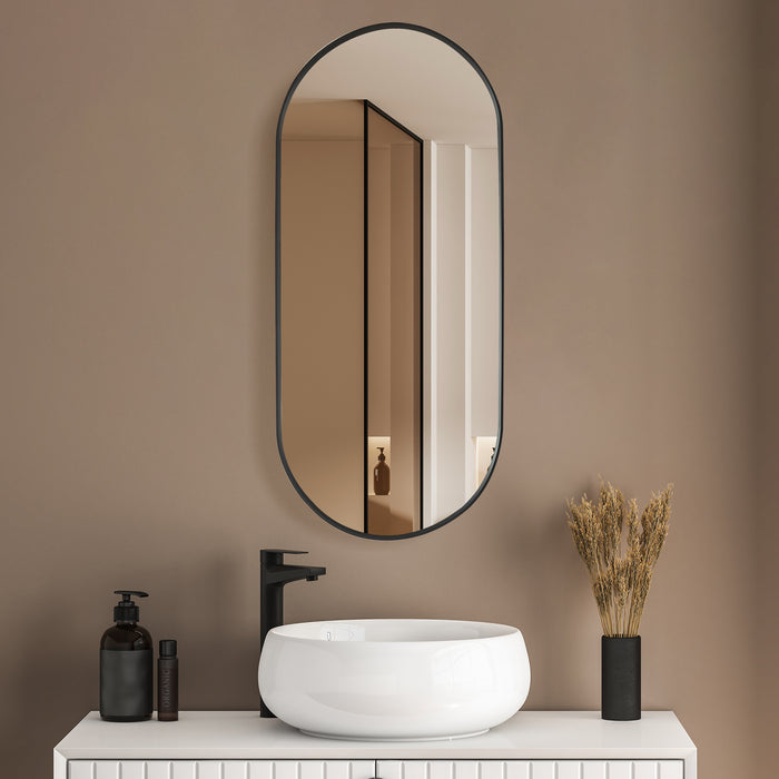 Artesia Brushed Black Oval Vanity Mirror – 20" W x 45" H Wall Mount Mirror with Sleek Aluminum Frame