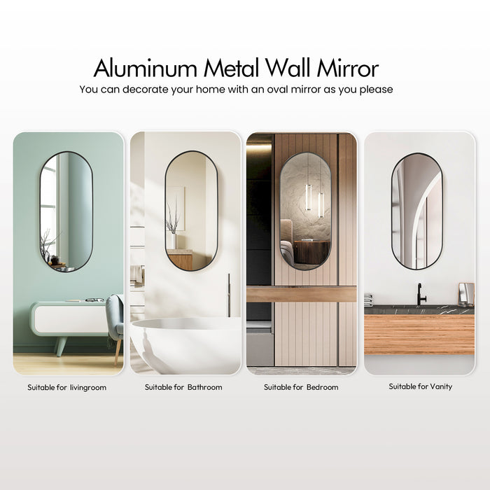 Artesia Brushed Black Oval Vanity Mirror – 20" W x 45" H Wall Mount Mirror with Sleek Aluminum Frame