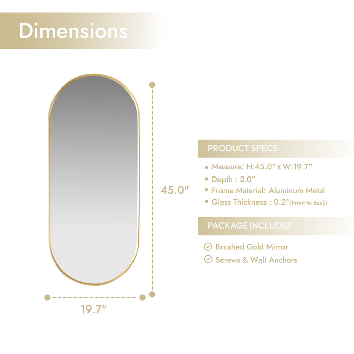 Ashen Oval Bathroom Mirror – 20" x 45" Wall-Mounted Vanity Mirror in Brushed Gold