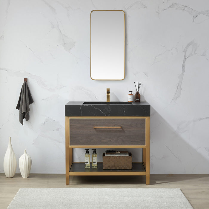 Brindle Rectangular Bathroom Mirror – 18x36 Brushed Gold Wall Mirror with Minimalist Metal Frame