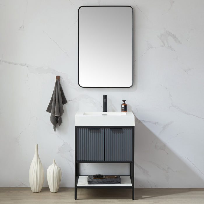 Burl 24x36 Modern Wall Mirror – Slim Rectangular Brushed Black Metal Frame for Bathroom or Entryway