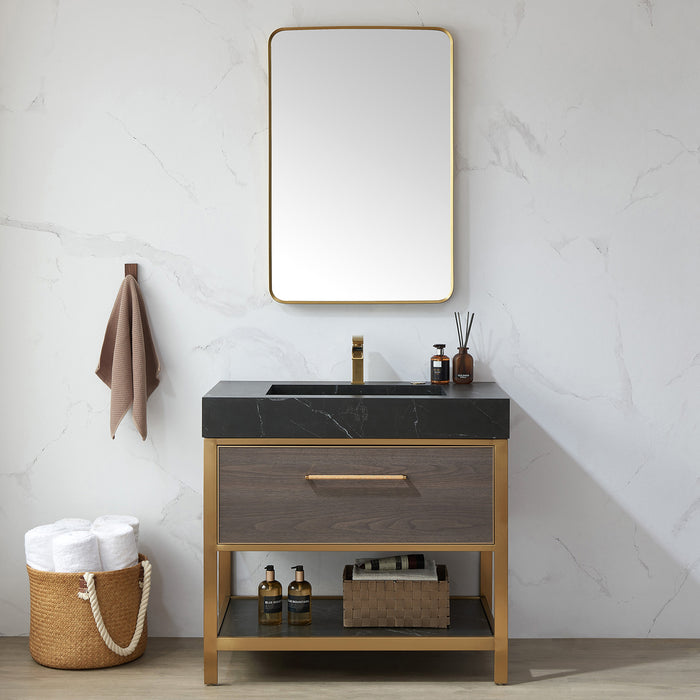 Canopy Rectangular Bathroom Mirror – 24x36 Brushed Gold Wall Mirror with Minimalist Metal Frame