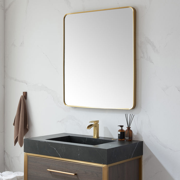 Chanterelle 32x36 Modern Vanity Mirror – Sleek Rectangular Brushed Gold Metal Frame Wall-Mounted Design