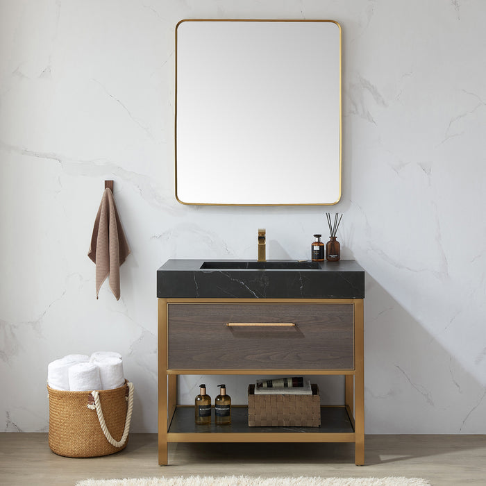 Chanterelle 32x36 Modern Vanity Mirror – Sleek Rectangular Brushed Gold Metal Frame Wall-Mounted Design