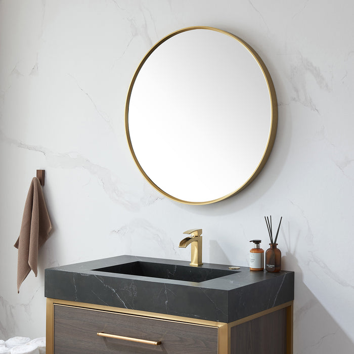 32-Inch Round Delos Bathroom Mirror Metal Frame Brushed Gold Wall Mount