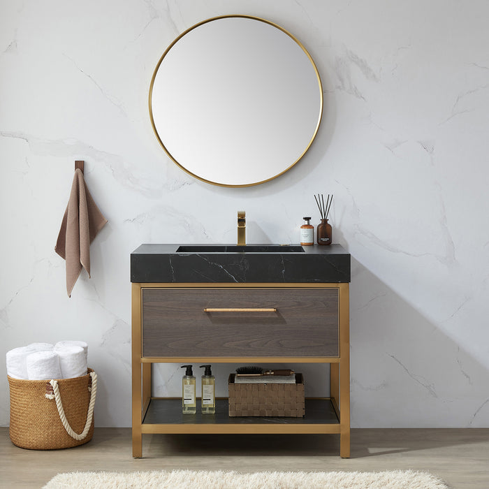 32-Inch Round Delos Bathroom Mirror Metal Frame Brushed Gold Wall Mount
