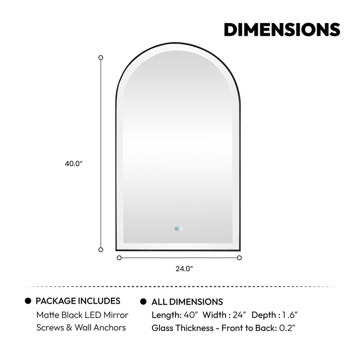 Penna LED Vanity Mirror – 24" x 40" Brushed Black Arch Frame with Wall Mount and Lighted Border