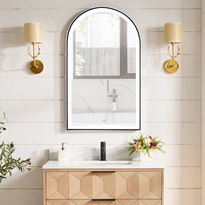 Penna LED Vanity Mirror – 24" x 40" Brushed Black Arch Frame with Wall Mount and Lighted Border