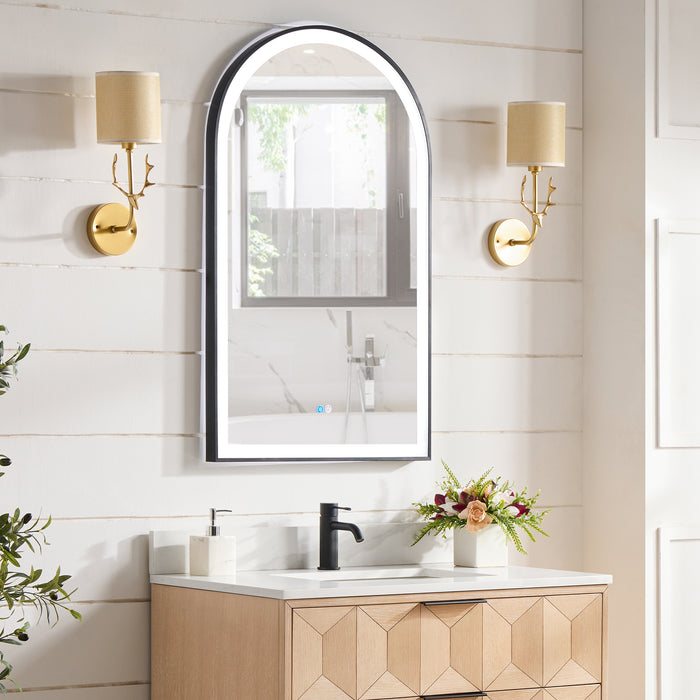 Penna LED Vanity Mirror – 24" x 40" Brushed Black Arch Frame with Wall Mount and Lighted Border