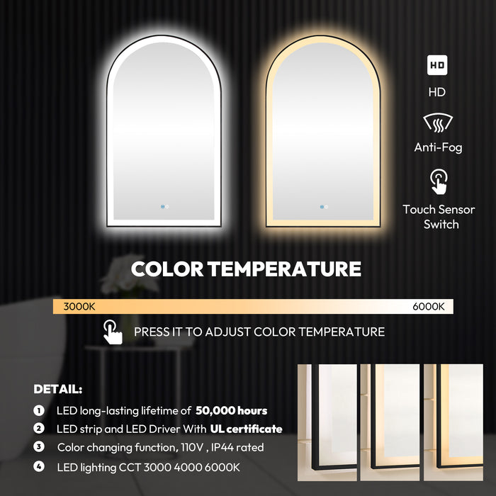 Penna LED Vanity Mirror – 24" x 40" Brushed Black Arch Frame with Wall Mount and Lighted Border
