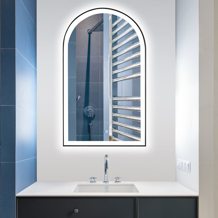 Penna LED Vanity Mirror – 24" x 40" Brushed Black Arch Frame with Wall Mount and Lighted Border