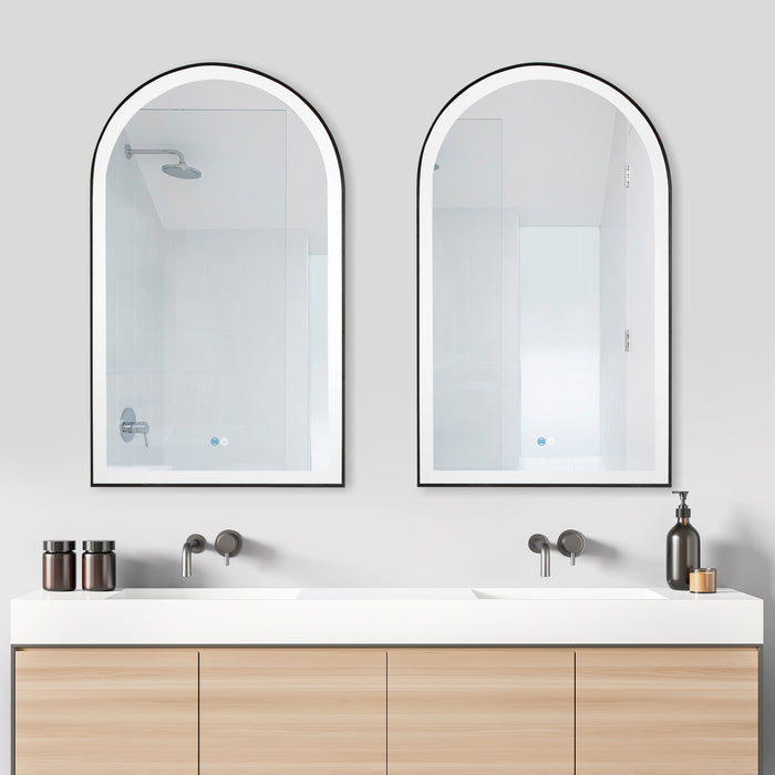 Penna LED Vanity Mirror – 24" x 40" Brushed Black Arch Frame with Wall Mount and Lighted Border
