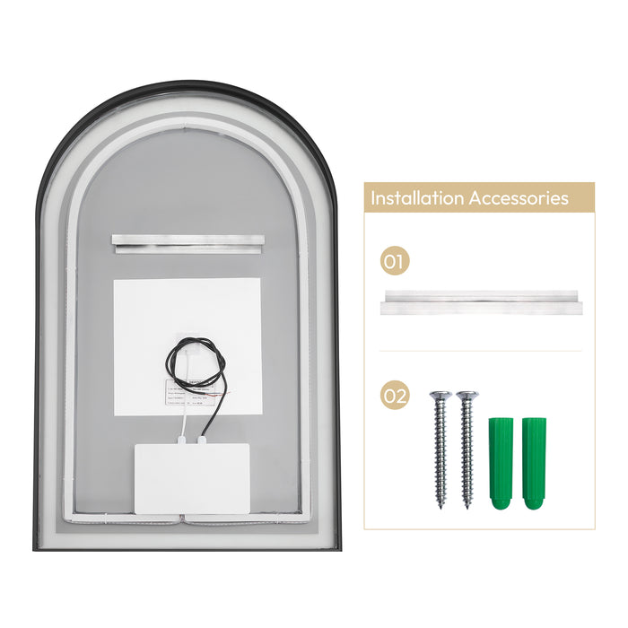 Penna LED Vanity Mirror – 24" x 40" Brushed Black Arch Frame with Wall Mount and Lighted Border