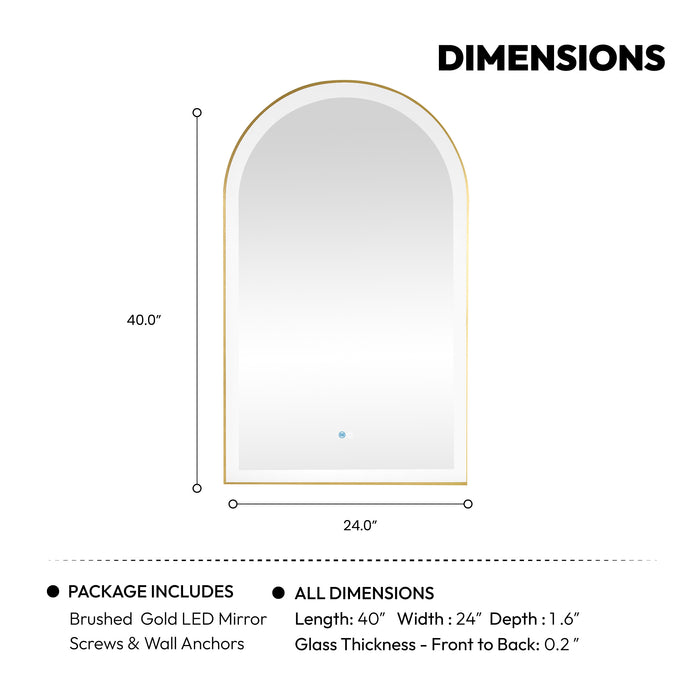 Brushed Gold Arch LED Gossamer Vanity Mirror – 24" x 40" Wall-Mounted Aluminum Bathroom Mirror