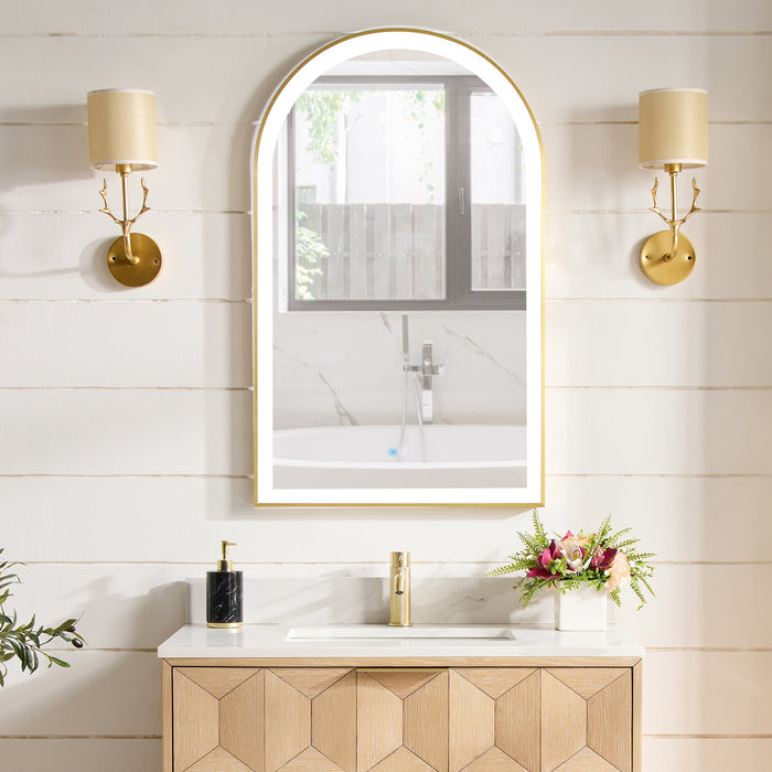 Brushed Gold Arch LED Gossamer Vanity Mirror – 24" x 40" Wall-Mounted Aluminum Bathroom Mirror