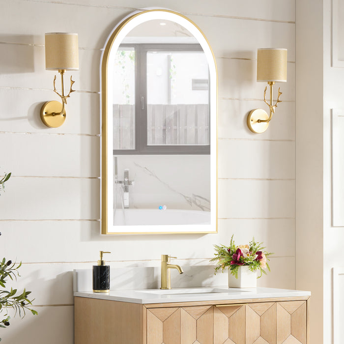 Brushed Gold Arch LED Gossamer Vanity Mirror – 24" x 40" Wall-Mounted Aluminum Bathroom Mirror