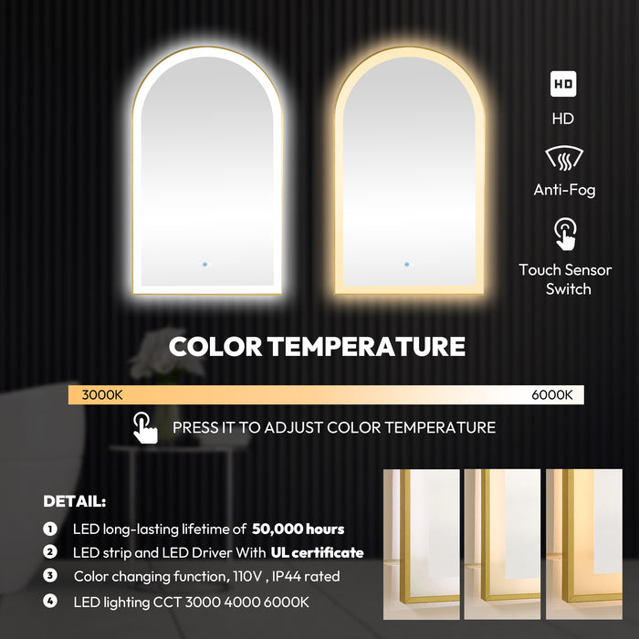 Brushed Gold Arch LED Gossamer Vanity Mirror – 24" x 40" Wall-Mounted Aluminum Bathroom Mirror