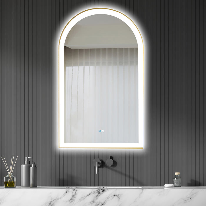 Brushed Gold Arch LED Gossamer Vanity Mirror – 24" x 40" Wall-Mounted Aluminum Bathroom Mirror