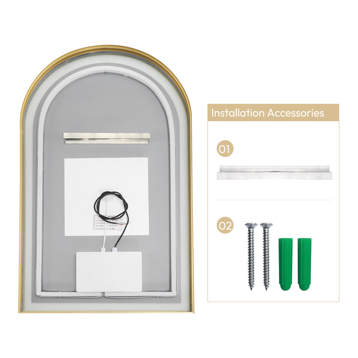 Brushed Gold Arch LED Gossamer Vanity Mirror – 24" x 40" Wall-Mounted Aluminum Bathroom Mirror