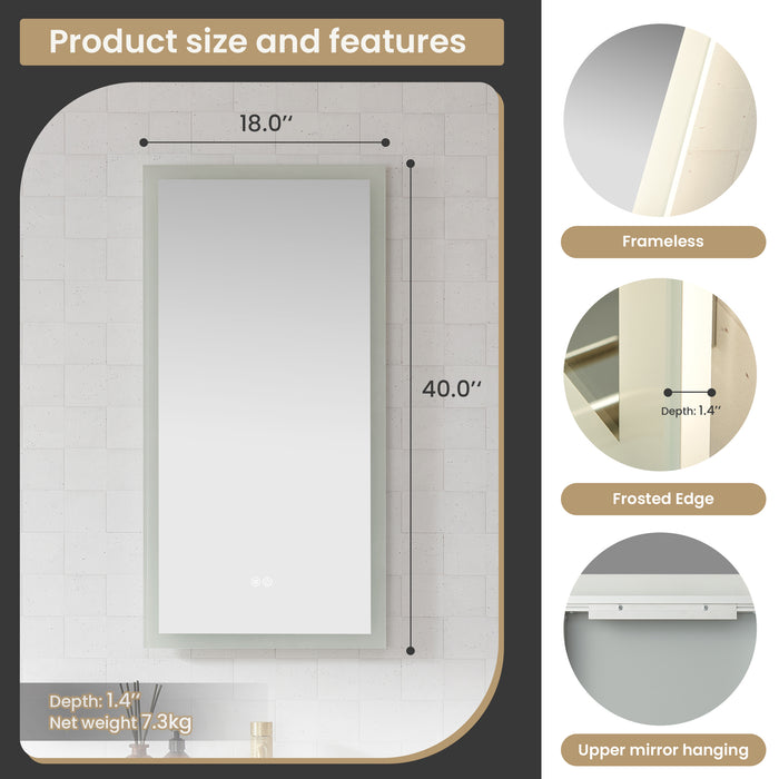 18"×40" Atlas Touch Control LED Mirror - Rectangular Frameless Vanity Mirror