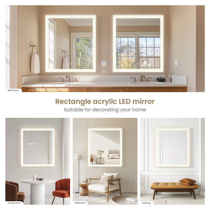 32" W x 36" H Aurora Rectangular LED Mirror - Frameless Acrylic Vanity Mirror with Touch Sensor