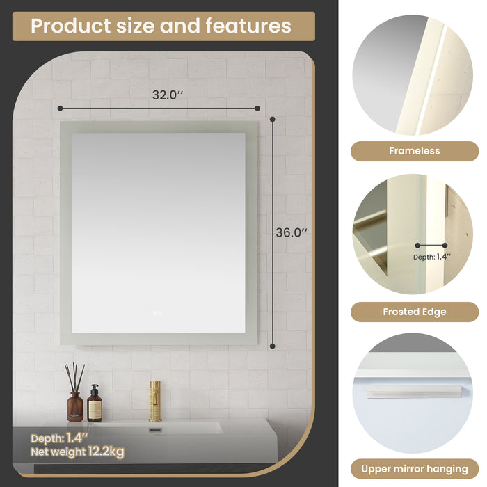 32" W x 36" H Aurora Rectangular LED Mirror - Frameless Acrylic Vanity Mirror with Touch Sensor