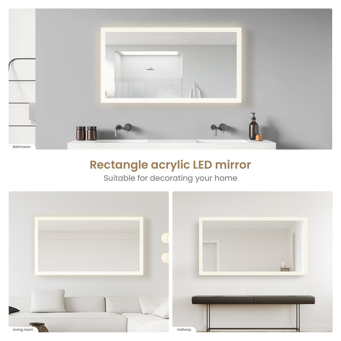 60-Inch Azura Acrylic Rectangular LED Mirror - Frameless Anti-Fog Wall Mount Bathroom Vanity Mirror