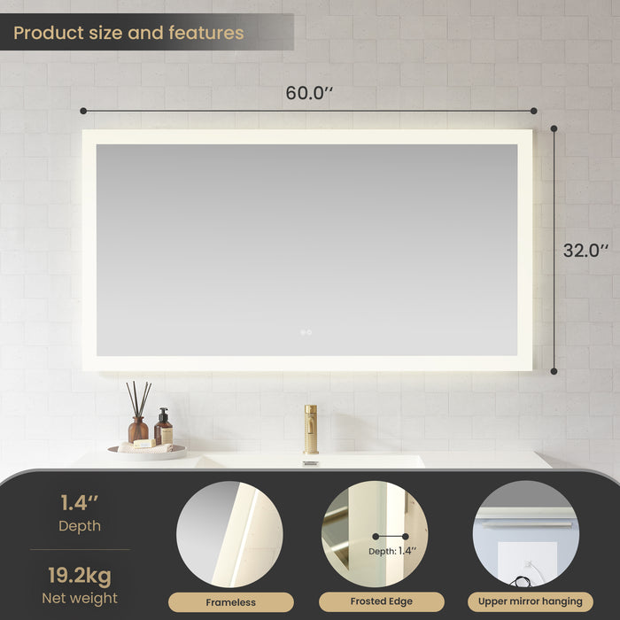 60-Inch Azura Acrylic Rectangular LED Mirror - Frameless Anti-Fog Wall Mount Bathroom Vanity Mirror