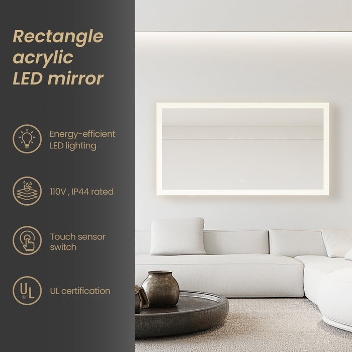 60-Inch Azura Acrylic Rectangular LED Mirror - Frameless Anti-Fog Wall Mount Bathroom Vanity Mirror